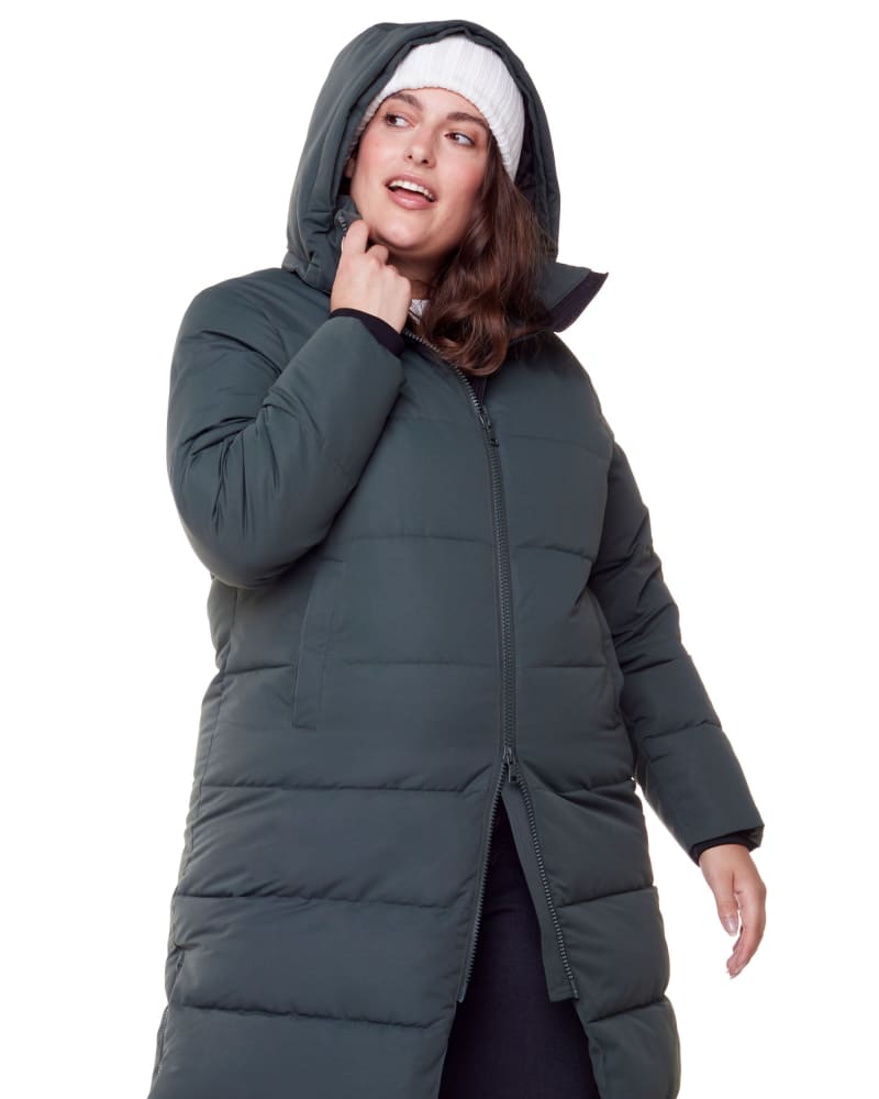 Front of a model wearing a size 1X Vegan Down Ultra Long Length Parka in Green by Alpine North. | dia_product_style_image_id:279115